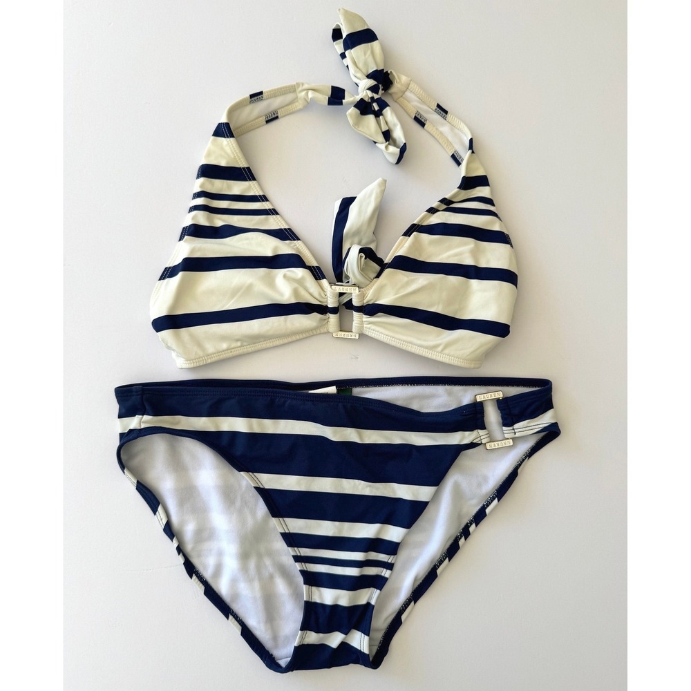 Lauren Ralph Lauren Navy Striped Bikini Set Halter Top 6 Bottom 8 Coastal Chic